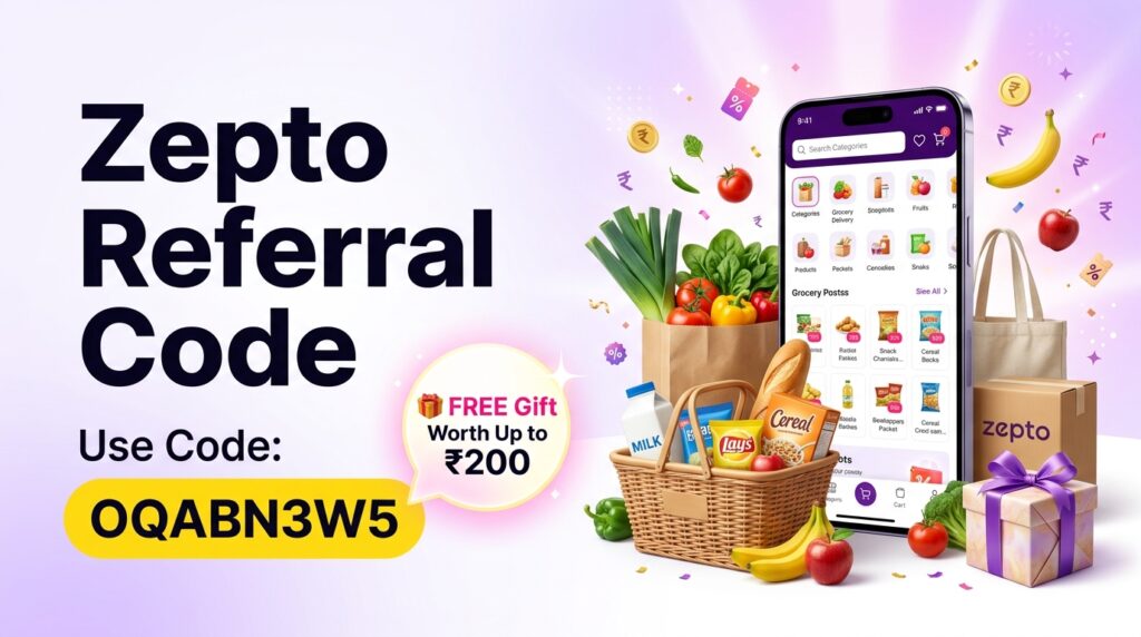 Zepto Referral Code OQABN3W5 with a smartphone, grocery delivery items, and a free gift offer worth up to ₹200 for new users.