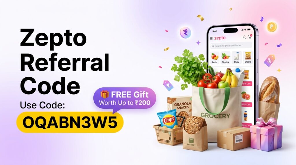 Zepto Referral Code OQABN3W5 with a smartphone, grocery delivery items, and a free gift offer worth up to ₹200 for new users.