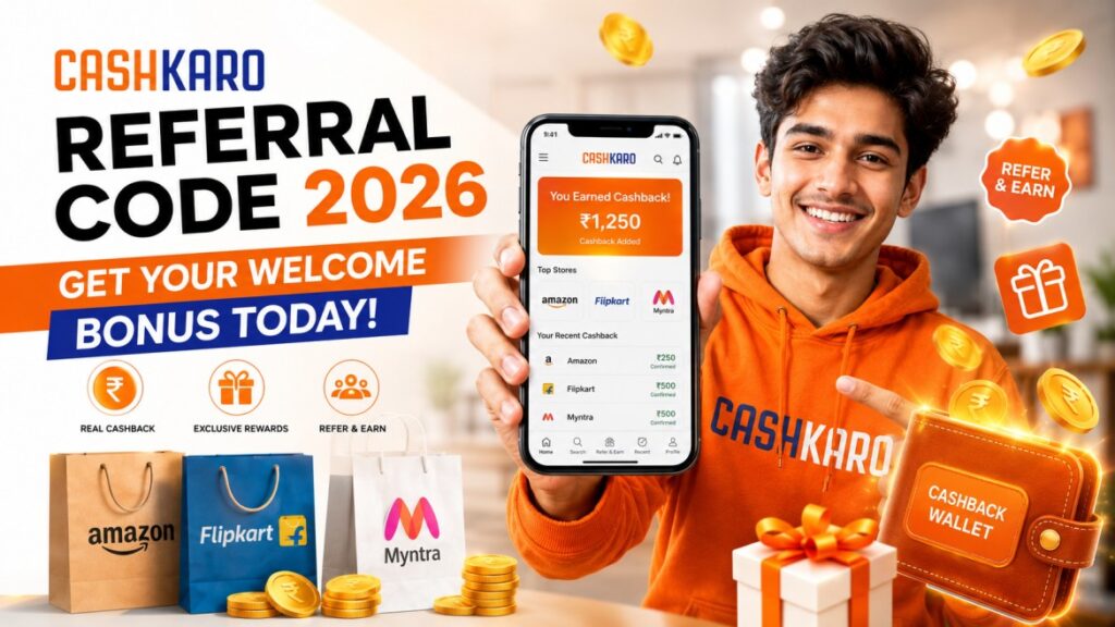 Young Indian student smiling and using CashKaro app to claim referral bonus with shopping bags and rupee rewards around.