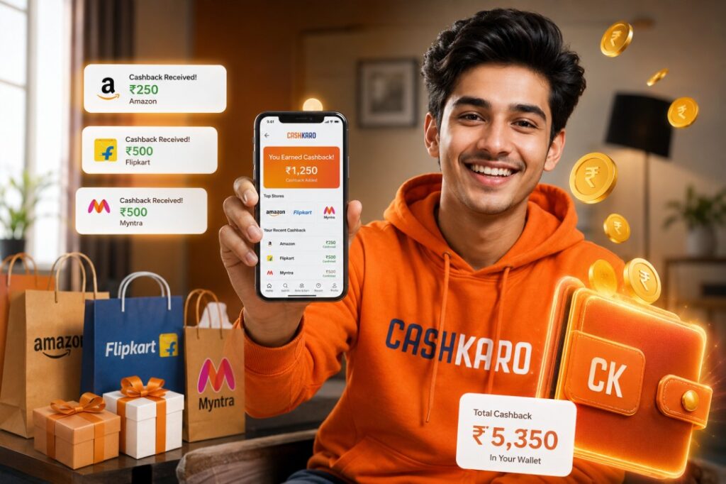 CashKaro Referral Code 2026 - Young Indian student getting welcome bonus and cashback on smartphone