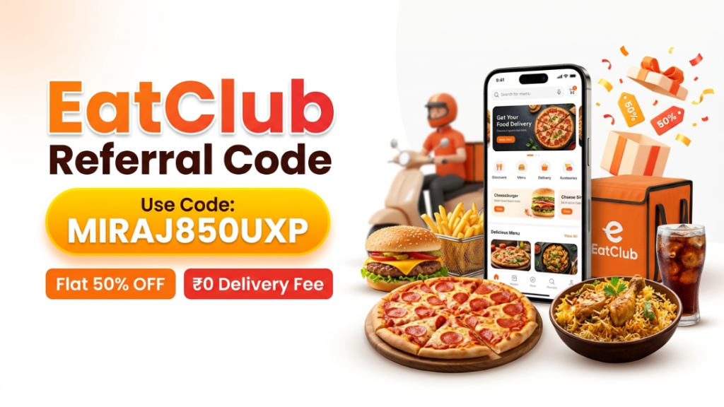 EatClub Referral Code MIRAJ850UXP with a smartphone, delicious food, and first-order savings including flat 50% off and zero delivery fee.