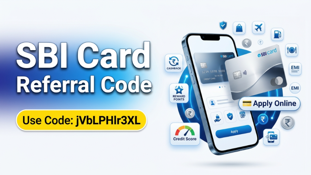 SBI Card Referral Code jVbLPHlr3XL displayed with a premium credit card, smartphone, and secure online application graphics.