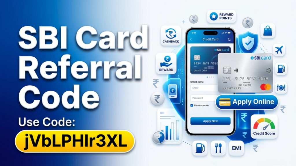 SBI Card Referral Code jVbLPHlr3XL displayed with a premium credit card, smartphone, and secure online application graphics.