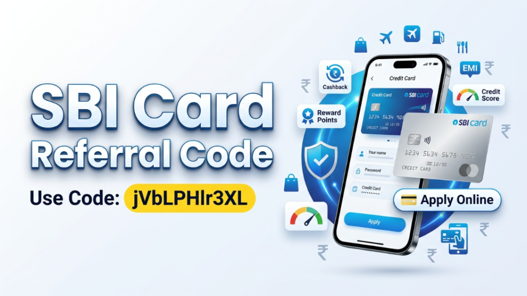 SBI Card Referral Code jVbLPHlr3XL displayed with a premium credit card, smartphone, and secure online application graphics.