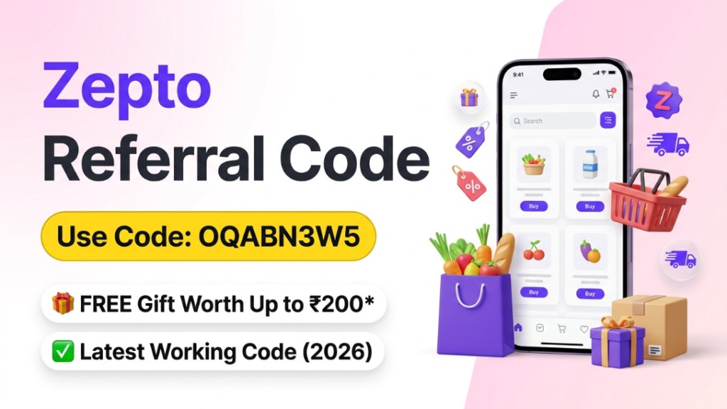 Featured image for the Zepto Referral Code OQABN3W5 showing a smartphone with grocery delivery graphics and a free gift offer worth up to ₹200 for eligible new users.
